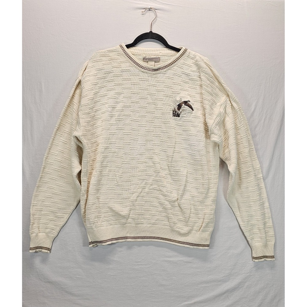 Vintage Fieldmaster Sweater Mens L Cream Embroidered Duck Textured Crewneck USA